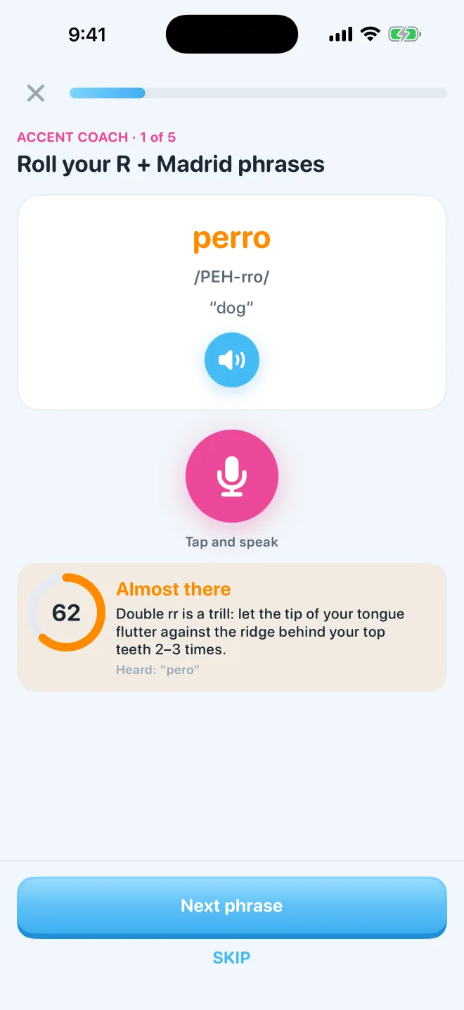 Accent Coach scoring each word of a spoken Spanish phrase
