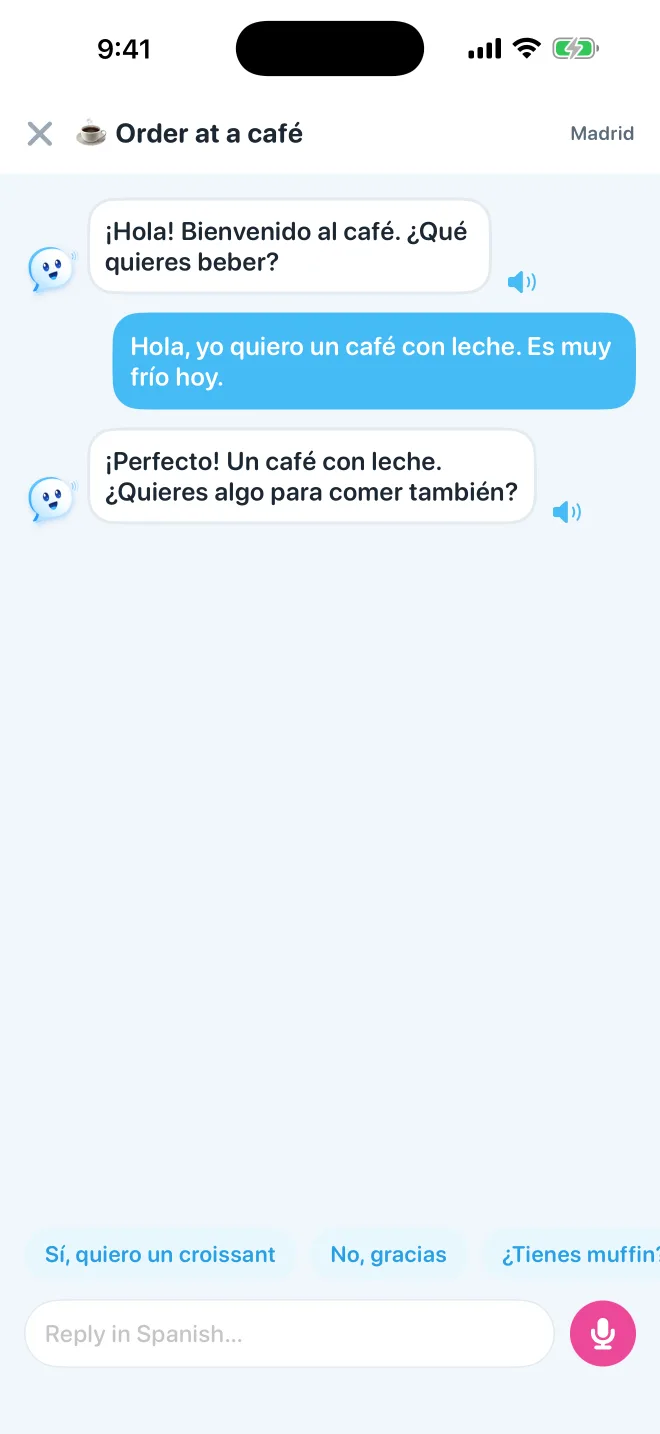 Chatting with Croco, the AI tutor, in a café scene