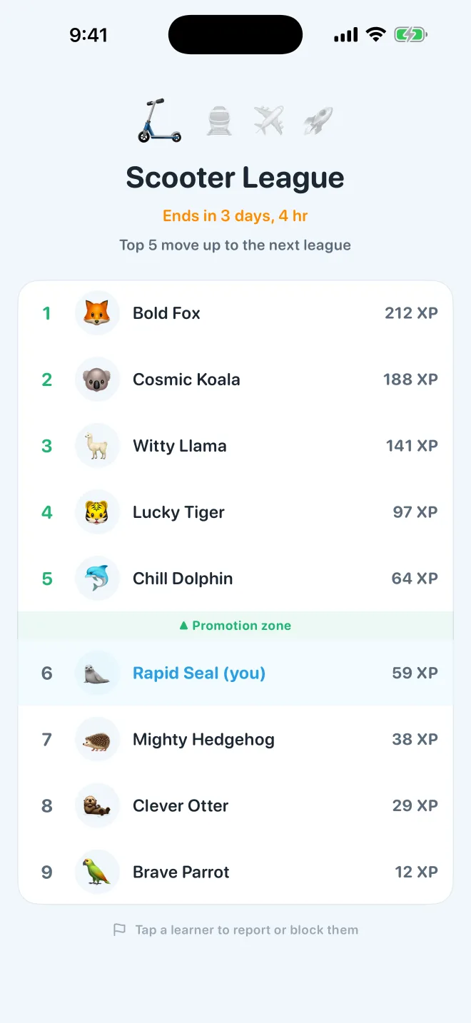 The weekly race leaderboard against other learners